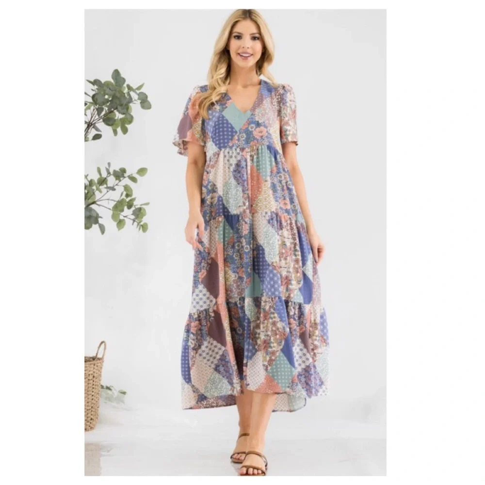 🆑Cute patchwork V neck dress - Picture 2 of 10